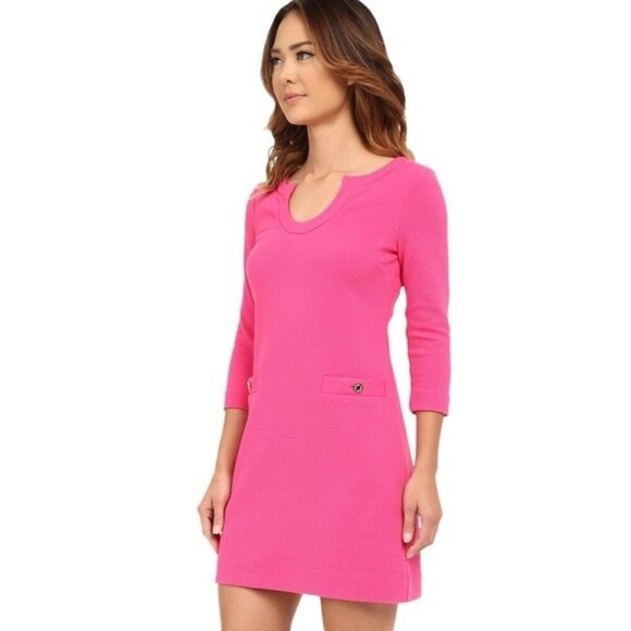 Lilly Pulitzer Pink 3/4 Sleeve Lina Shift Dress Gold Button Detail 18050 Size XS - Picture 2 of 15
